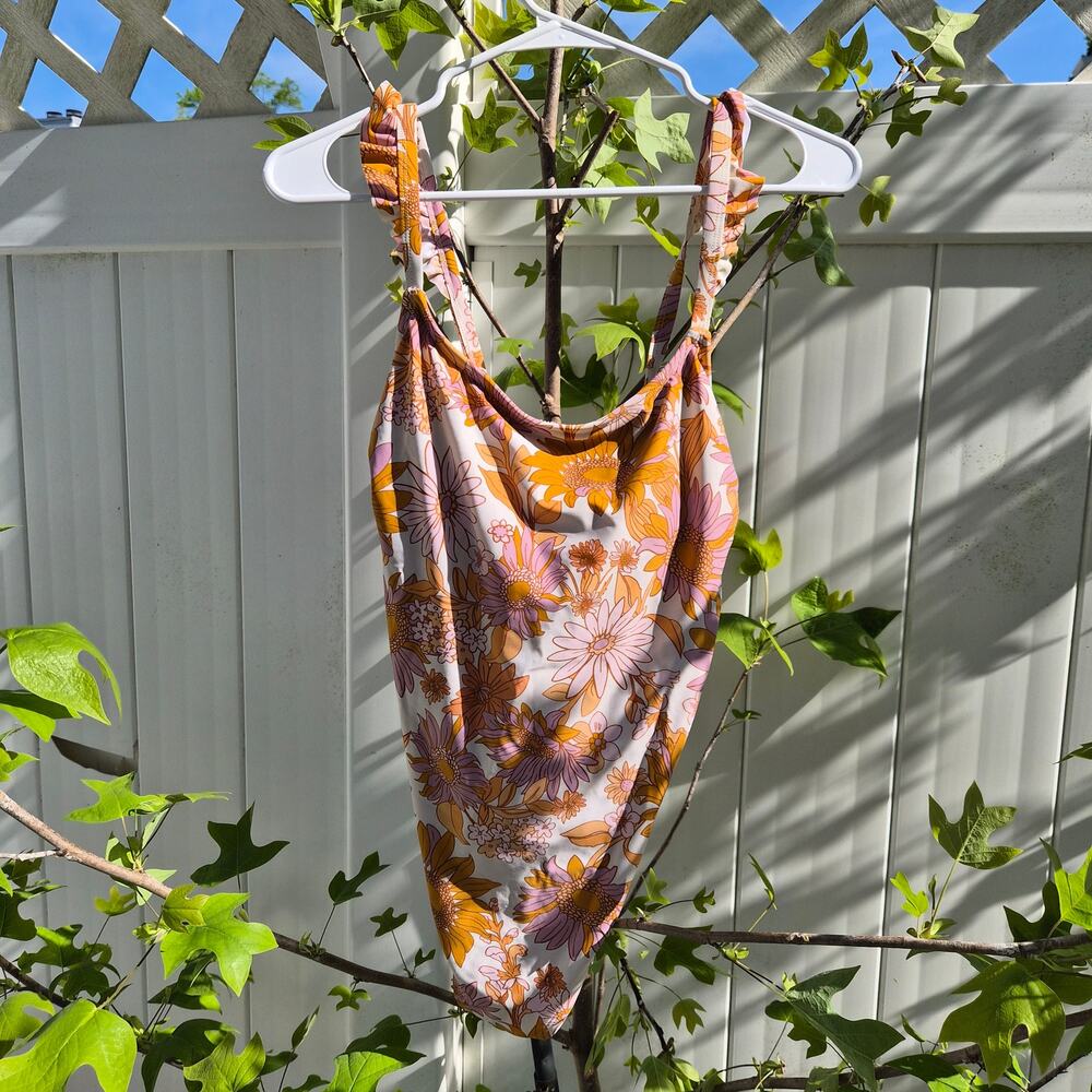 Kona Sol Floral One Piece Swimsuit - Ruffle Strap - Sz Medium